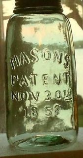 MASON PATENT 1858 Canning Fruit Jar Green Half Gallon