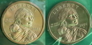 2005 P & D Sacagawea Dollar BU 2 Satin Coins Cellos US Mint Set