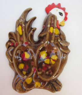 Vintage Drip Glaze Ceramic Rooster Double Spoon Rest Pottery Chicken 