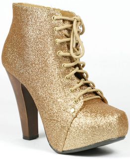 Champagne Gold Glitter Platform Lace Up Ankle Bootie Qupid Puffin 06