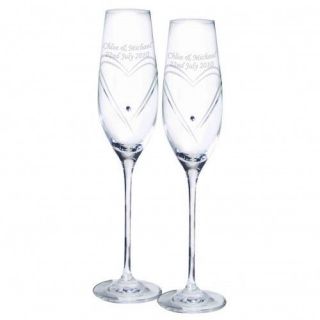Engraved Pair Swarovski Heart Champagne Flutes Valentines Anniversary 