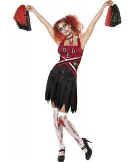 Adult Zombie Cheerleader Horror Halloween Costume & Pom Poms UK 8 10 