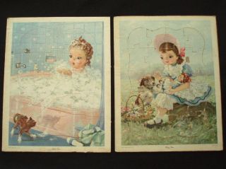 1957 HELENE PESSI Frame Tray Inlay Picture Puzzles PARTY TIME & BATH 