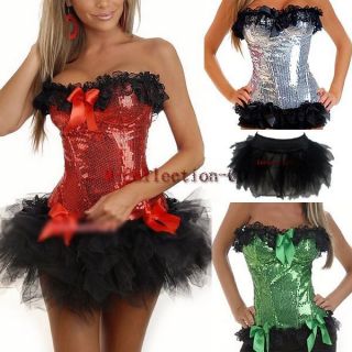 Burlesque Sequin Moulin Rouge Boned Corset Tutu Petticoat Costume 