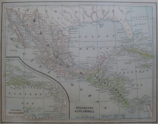 1893 Antique Map of MEXICO Cuba CENTRAL AMERICA Superb
