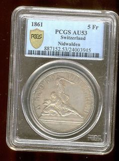 1861 SWITZERLAND 5 FRANCS COIN, PCGS SECURE HOLDER AU53,STANS IN 