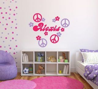   Name Wall Decal Sticker Peace Sign & Flowers. Choose Name & Colors