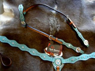 HORSE BRIDLE BREAST COLLAR WESTERN LEATHER HEADSTALL TURQUOISE OSTRICH 
