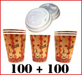 100 Disposable Cafe COFFEE Paper Cups 8oz 250ML+100 LIDS for paper cup 