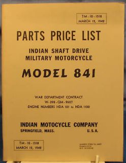 1942 Parts Price List Indian Shaft Drive Military Motorcycle Mdl. 841 