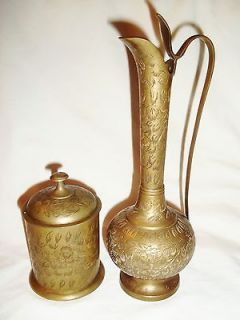 Vintage Brass Pitcher and Container Detailed Etched World Gift India
