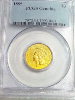 1855 GOLD INDIAN PRINCESS 3 DOLLAR *PCGS* Rare 2nd Year