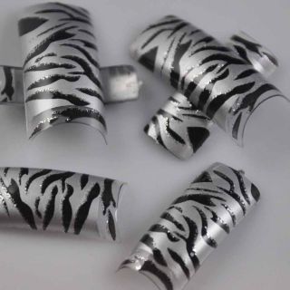 100 Silver Black Zebra Style False Acrylic French Nail Art Tips NEW