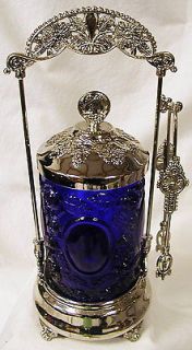 Old Fashion Style Pickle Castor w/Cobalt Blue Glass Cameo Insert