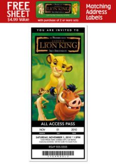 LION KING Movie Birthday Party TICKET INVITATIONS