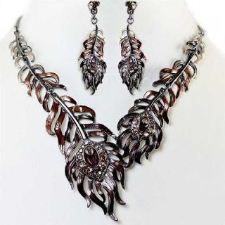   Hombre Peacock Feather Crystal Earring Necklace Set Costume Jewelry