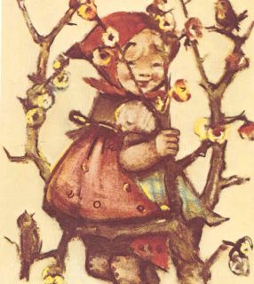 HUMMEL, HAPPY GIRL IN TREE WITH BIRDS,W.GERMAN POSTCARD