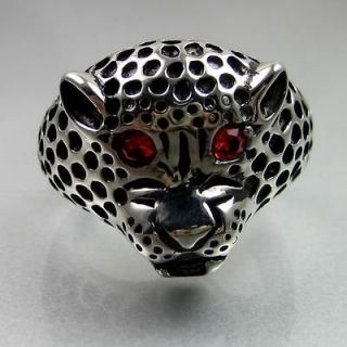   Biker Mens Black Silver Stainless Steel Red Eye Jaguar Ring Size 9.5