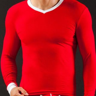 Muscle Men’s Smooth Thermal underwear Longsleeve shirt tops V neck 