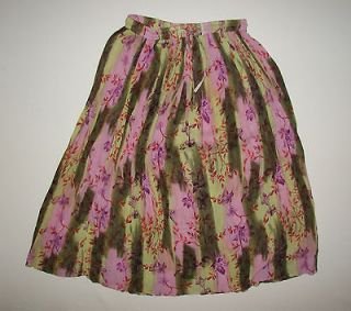 JUST CRUISING Long Green & Lavender Print Rayon Broomstick Skirt FREE 