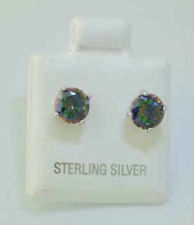 Sterling Silver Round Mystic Topaz CZ Stud Earring Prong Set 2 10mm SS 