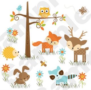 WOODLAND FOREST ANIMALS DEER OWL BEE BABY NURSERY WALL MURAL STICKERS 