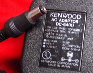 Kenwood DC 64(K) Power Supply AC Adapter DC 8V 500mA FOR CD PLAYER