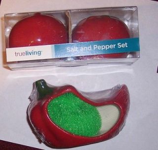 New True Living Tomato Salt & Pepper Shakers Hot Pepper Scouring Pad 