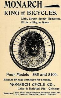 1895 Ad Monarch Cycle Company King Bicycles Lion Wheel   ORIGINAL 