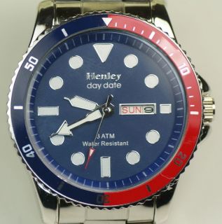 New Henley mens watch PEPSI Bezel blue dial large stainless steel day 