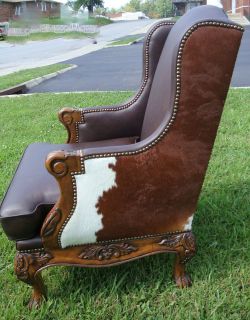 Hair on Hide Cowhide Dark Brown Leather Wing Chair Western