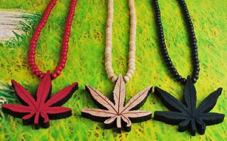 Leaf Weed Marijuana Pendant Wood Necklace Beaded Chain Rosary black 