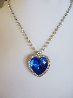 Large Silver Heart of the Ocean Titanic Necklace Sapphire Blue with 
