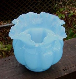 OPAL BLUE  VASE RIBBED SIDES  FANCY TOP BABY BLUE OPAL GLASS A 