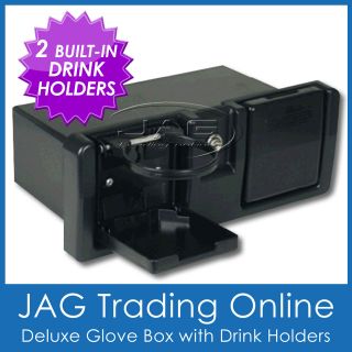 DELUXE STORAGE RECESSED GLOVE BOX WITH DRINK HOLDERS, LOCK & KEYS 