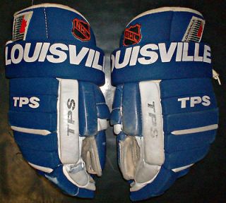   PAIR LEATHER/CLOTH TPS LOUISVILLE BLUE/WHT HOCKEY GLOVES W/ NHL PATCH