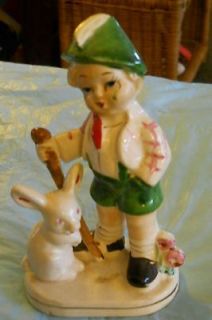 vtg Boy w/ Rabbit & Walking Stick Made of Porcelain / Ceramic Maker 