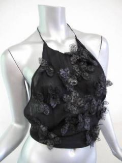 Gucci Black Silk Halter Top w/ Lace Flowers sz S