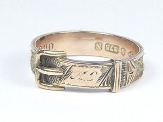  ENGLISH 9K GOLD HAIR BUCKLE BAND MOURNING MEMORIAL RING AO 1900