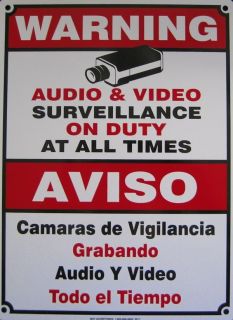   SECURITY AUDIO VIDEO SURVEILLANCE METAL SIGN CAMERA SPANISH ENGLISH