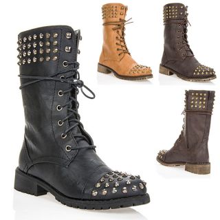   Military Combat Lace Up Studded Mid Calf Boots Black Brown Tan Size