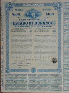 Republica Mexicana,Deuda Amortizable Del Estado De Durango1910,wi​th 