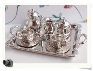 Dollhouse Miniature 8 PCS Metal Silver Tea set DM62