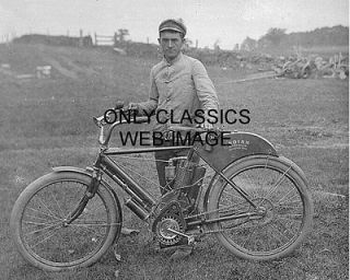 1907 EARLY VINTAGE INDIAN MOTORCYCLE BICYCLE PHOTO PROUD MAN HAT HORN 