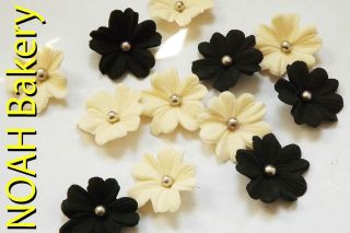   BLACK edible veined sugar flowers with balls cake cupcake toppers 1