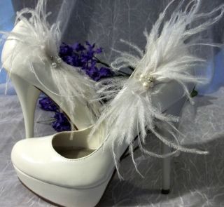 Shoe Clips White Ostrich Feathers Pearls Swarovski Crystals 
