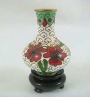Vintage Miniature Cloisonne Enamel Demitasse White Chinese Vase 1 3/8 