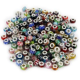 100 pieces LOT Assorted Silver Murano Glass Beads European Charm Fit 