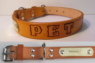 Tan Leather Small Dog Collar Personalized Pet Name & Brass Plate Tag