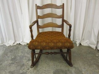 Antique Rocking Chair w Ladder Back & w Fresh Upholstery Early 1900 